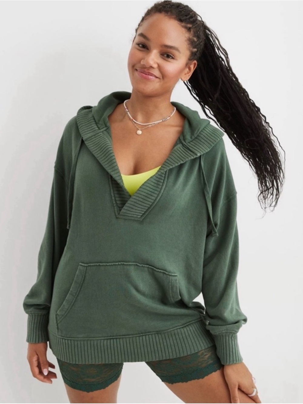 Aerie Women's Down-To-Earth Henley Hoodie In Green Size Small